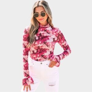 900. Floral Long Sleeve Mesh Top - Pink